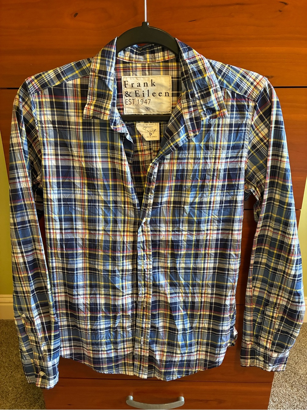 Frank & Eileen Plaid Button-Down Shirt in Blue, White & Yellow Womens Small
